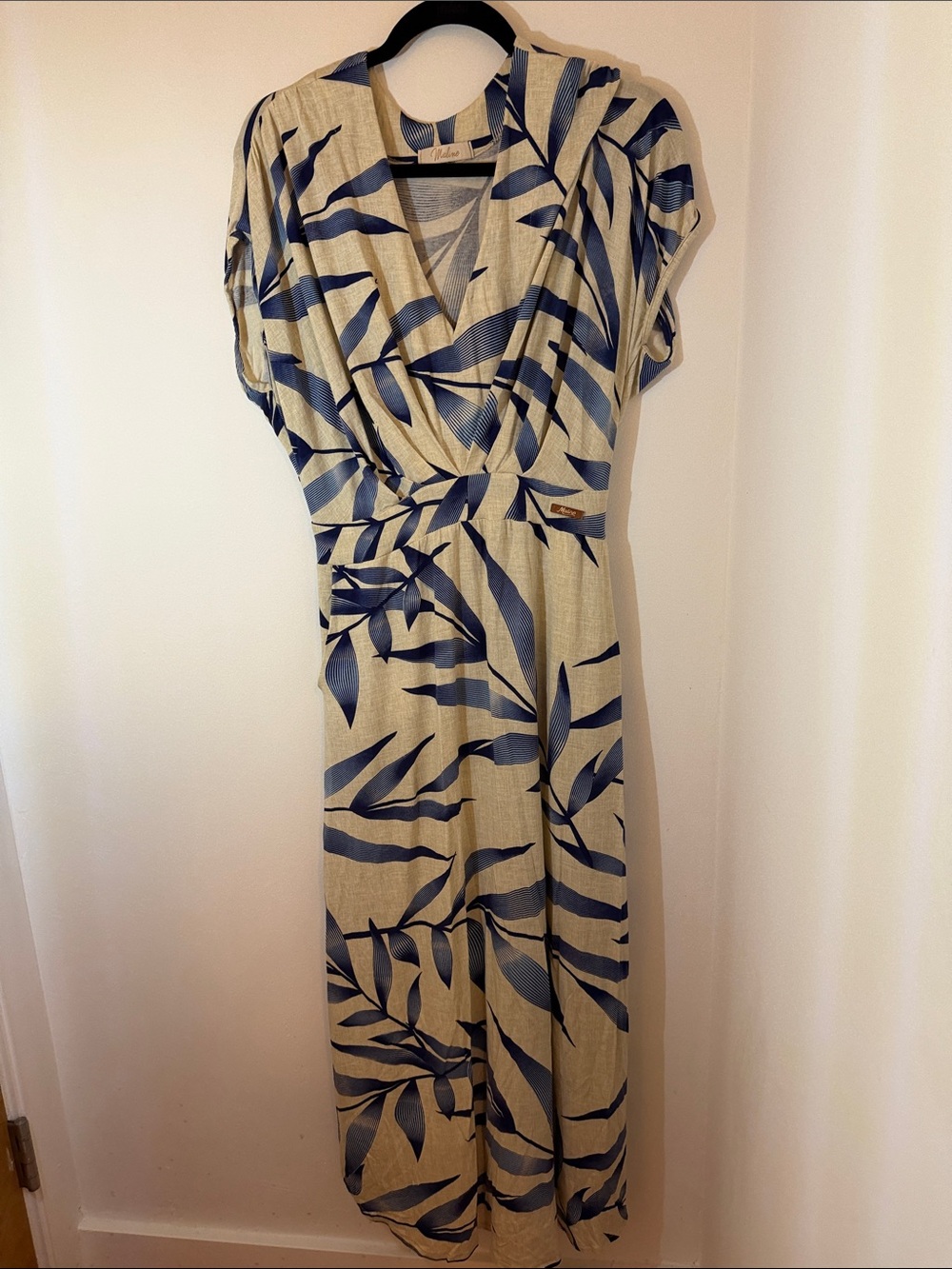 Cream and Blue Botanical Maxi Wrap Dress